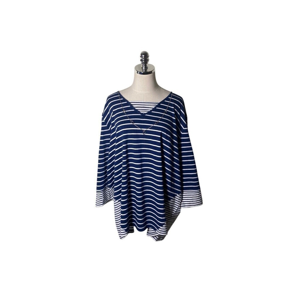 Serengeti Top Women's Size 3X Blue White Stripes 100% Cotton Chain Accent